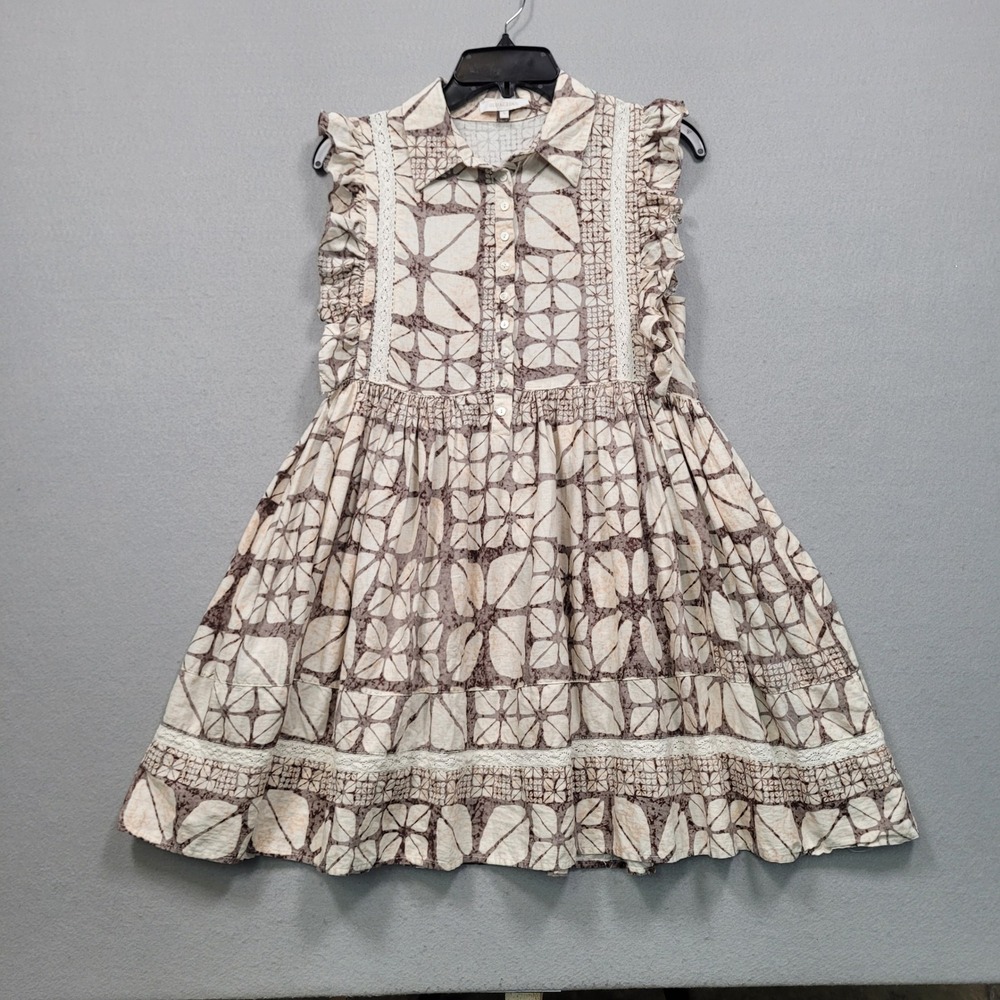 Olivaceous Women‎ Boho Ruffle Lace Linen Blend Mini Dress Brown Cream Small